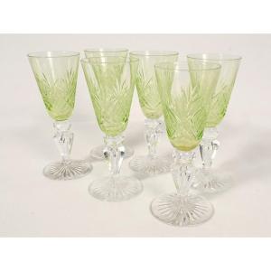 6 Cut Crystal Wine Glasses Chartreuse Green Color Late 19th Century