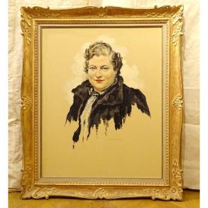 Large Hst Table Van Caulaert Portrait Elegant Woman Paris XXth Century