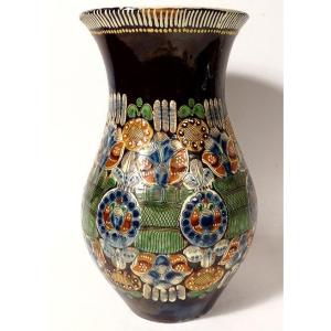 Enamelled Earthenware Vase Polychrome Thun Switzerland Flowers Foliage XIXth Century