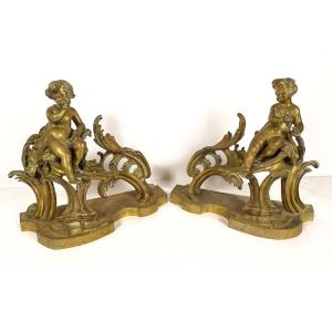 Pair Andirons Louis XV Bronze Cherubs Bacchus Children Napoleon III XIXth