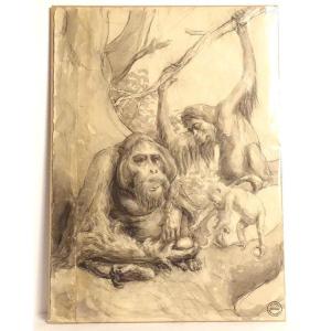 Animal Charcoal Drawing Atelier René Hérisson Monkey Family Orangutan XXth