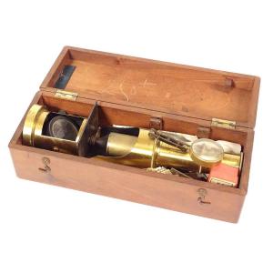 Microscope Old Optical Instrument Mahogany Box Golden Brass XIXth Century