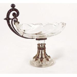 Cup On Foot Navette Carved Crystal Garnets Golden Metal Shell Shape 19th