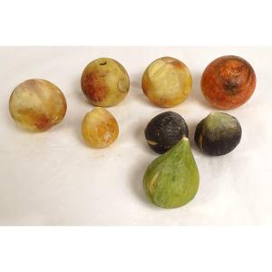 Set Of 8 Polychrome Carrara Marble Fruits Apples Figs Apricot Nineteenth