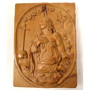 Sculpture Bas-relief Olivier Wood Marie-madeleine Penitent Skull Cross 19th