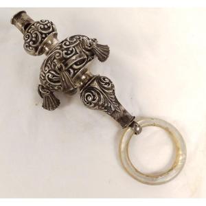 Rattle Whistle Sterling Silver English Birmingham Nacre Ring Late Nineteenth Twentieth