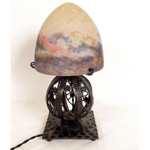 Ball Lamp Muller Frères Obus Glass Paste Hammered Wrought Iron Art Deco Twentieth