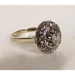 Marguerite Ring White Gold 18 Carats Eagle Head Diamonds Pb 3.81gr XXth