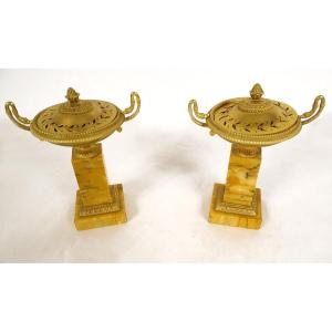 Pair Cassolettes Incense Burner Empire Bronze Marble Siena Restoration 19th