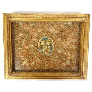 Reliquary Paperolle Medallion Saint Herman Mater Dei Golden Frame XVIIIth