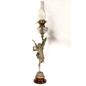 Oil Lamp Sculpture G. Bareau Gloria Winged Woman Crystal Marble 19th