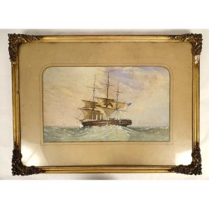 Watercolor Marine Boat Ship Three-masted English Golden Frame 19th Century