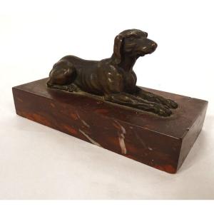 Paperweight Bronze Sculpture Lying Dog Shorthaired Pointer Red Marble Griotte 19th
