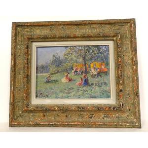 Hst Painting Edouard Febvre Landscape Gypsy Camp Caravans Wood Frame 20th