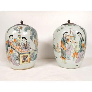 Pair Chinese Porcelain Ginger Pots Women Children Landscape Poem 19th