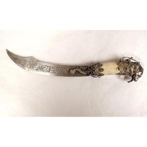 Paper Opener Foreign Silver Feline Head Turquoise Enamels Chimeras 19th Century