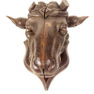 Hunting Trophy Sculpture Carved Wood Black Forest Ram Head 19th