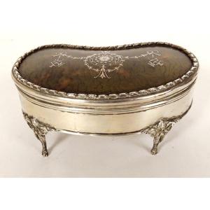 Kidney Jewelry Box Sterling Silver English London 1911 Tortoiseshell 20th