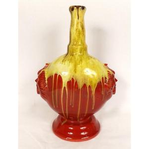 Glazed Earthenware Gourd Vase Hb Quimper Mascarons Grotesques 20th Century