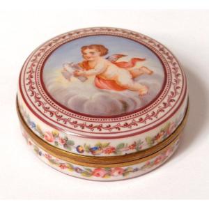 Small Round Pill Box Enameled Gold Metal Cherubs Putti Dove 19th Century