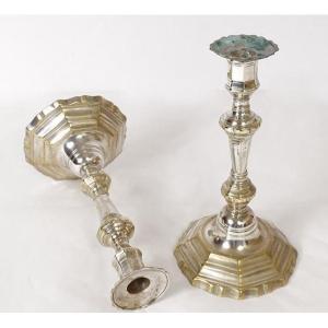 Pair Of Louis XIV Candlesticks Silver Bronze Cut Sides 18th