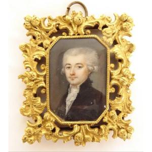 Painted Miniature Portrait Noble Gentleman Gilded Bronze Frame 19th Century