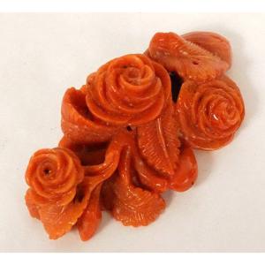 Carved Coral Jewel Pendant Bouquet Of Pink Flowers 20th Century