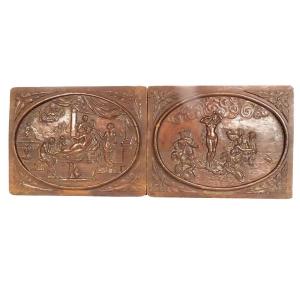 Pair Of Carved Wood Panels Toilet Birth Venus De Vinci Servet 20th