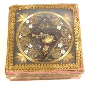 Small Cardboard Box Golden Paper Rebus Romantic Flowers 19th Century