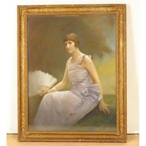 Large Pastel Painting Woman With Fan Belle Epoque Signed Bailly Late 19th Century