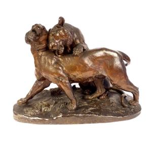 Large Charles Valton Bronze Sculpture Two Lionesses Animal Sculptor 19th