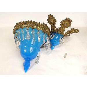 Opaline Night Light Chandelier Crystal Brass Pendants Cherubs Napoleon III 19th