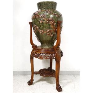 Large Earthenware Vase Jules Vieillard Bordeaux Japanese Decor Sellette 19th