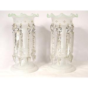 Pair Of White Opaline Pineapple Holders With Napoleon III Crystal Tassels, 19th Century