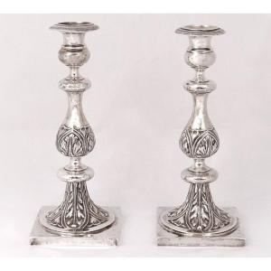 Pair Of Russian Silver Candlesticks Minsk Goldsmith Pogorzelski Pb 874gr 19th