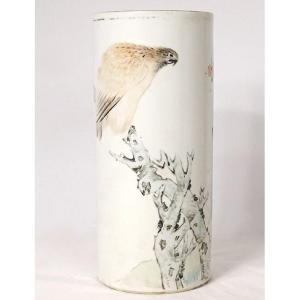 Porcelain Roller Vase China Dog Bird Tree Poem Signed Guangxu 19th