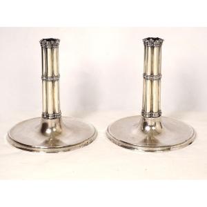 Pair Of Candlesticks At La Financière Silver Swiss Goldsmith Bossard 1541gr 19th