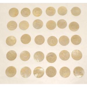 30 Mother-of-pearl Tokens Couple Birds Quiver Garlands Flowers Fruits Late 18th Century