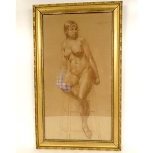 Large Charcoal Drawing Portrait Study Naked Woman Model By Vliegher 1925 20th