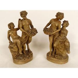 Pair Terracotta Sculptures Clodion Satyrs Fauns Nymphs Bacchantes 19th Century