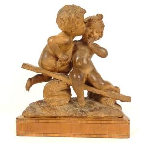 Terracotta Sculpture Emmanuel Villanis Childish Kiss Cherubs End Of 19th Century