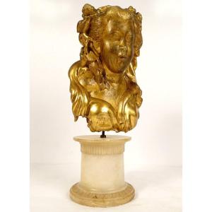 Sculpture Bust Young Woman Flowers Carved Wood Gilded Chinoiserie XVIIIth