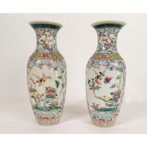 Pair Of Chinese Porcelain Baluster Vases Birds Flowers Double Circle 19th Century