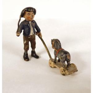 Small Polychrome Vienna Bronze Sculpture Child With Toy Horse 19th Century