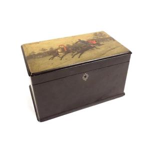 Russian Lacquered Tea Box Lukutin Riders Troika Carriage Landscape 19th Century