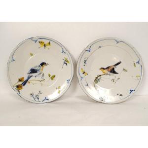 Pair Of Earthenware Plates Large Birds Staircase Crystal Dammouse Laurin 19th