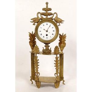 Empire Portico Clock Gilt Bronze Palmettes Swans Fountain 19th Century
