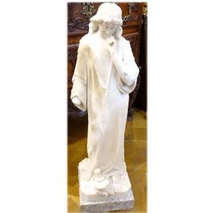 Large White Marble Sculpture Pensive Woman Torch Art Nouveau Late 19th Century
