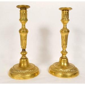 Pair Of Louis XVI Candlesticks Gilt Bronze Monogram Dd 19th Century