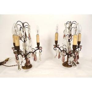 Pair Of 3-light Girandoles With Cut Crystal Flower Tassels, Bronze, 19th Century
